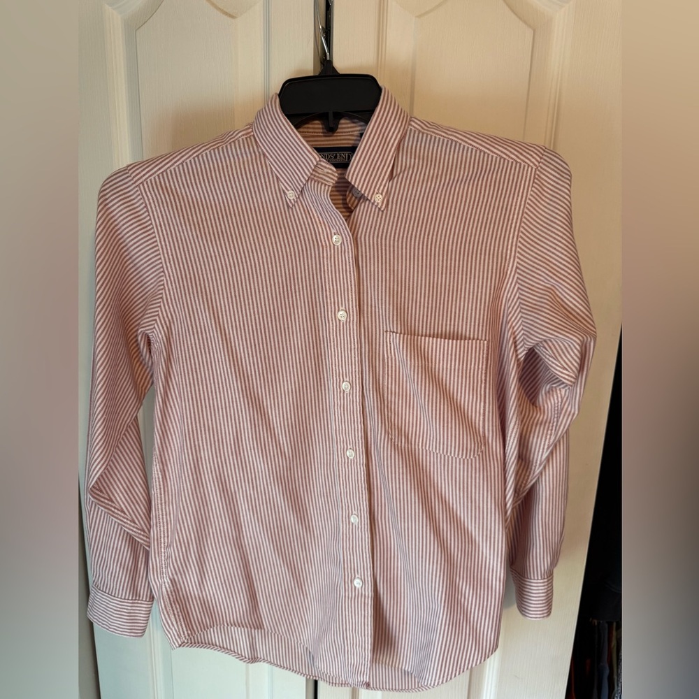 Lands' End Women's Pink and White Stripe Button-Down Shirt